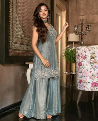 Grey silk blend embroidered palazzo set 1