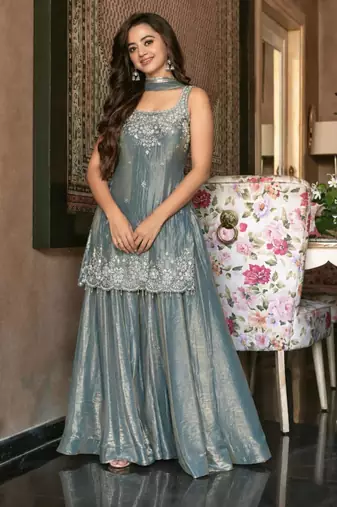 Grey silk blend embroidered palazzo set