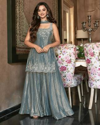 Grey silk blend embroidered palazzo set 3