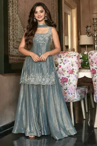 Grey silk blend embroidered palazzo set