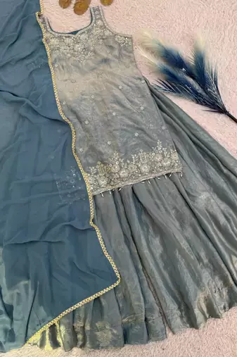 Grey silk blend embroidered palazzo set