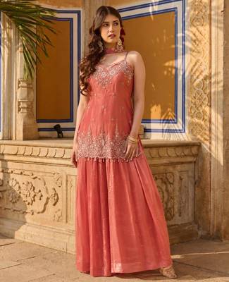 Peach silk blend embroidered palazzo set 1