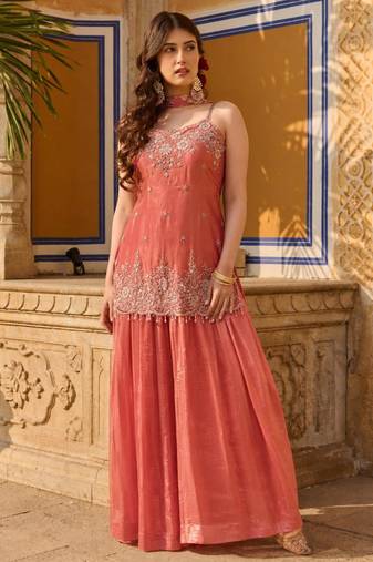Peach silk blend embroidered palazzo set