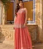 Peach silk blend embroidered palazzo set