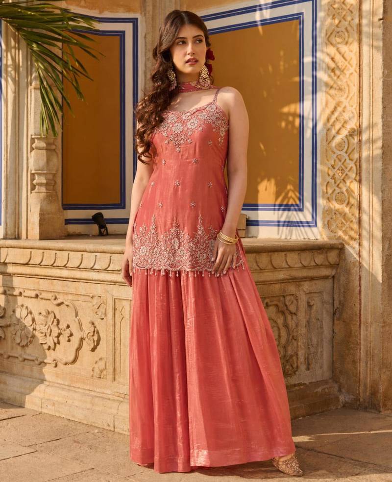 Peach silk blend embroidered palazzo set