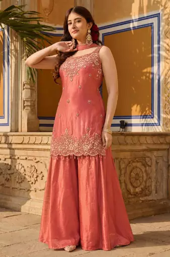 Peach silk blend embroidered palazzo set