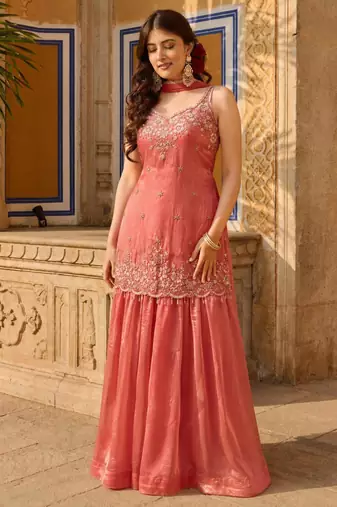 Peach silk blend embroidered palazzo set