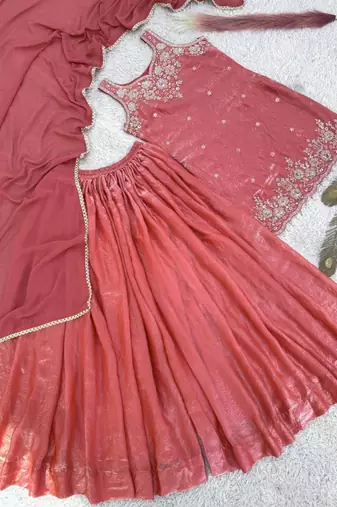 Peach silk blend embroidered palazzo set
