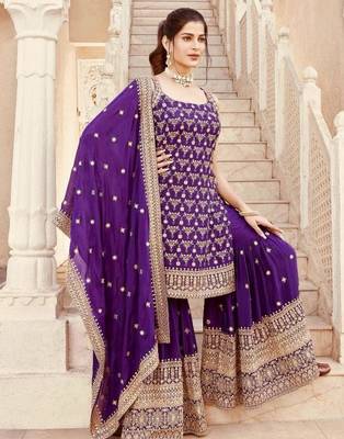 Purple faux georgette embroidered sharara set 1