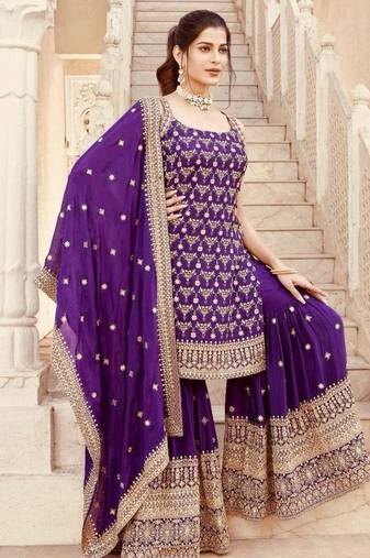 Purple faux georgette embroidered sharara set