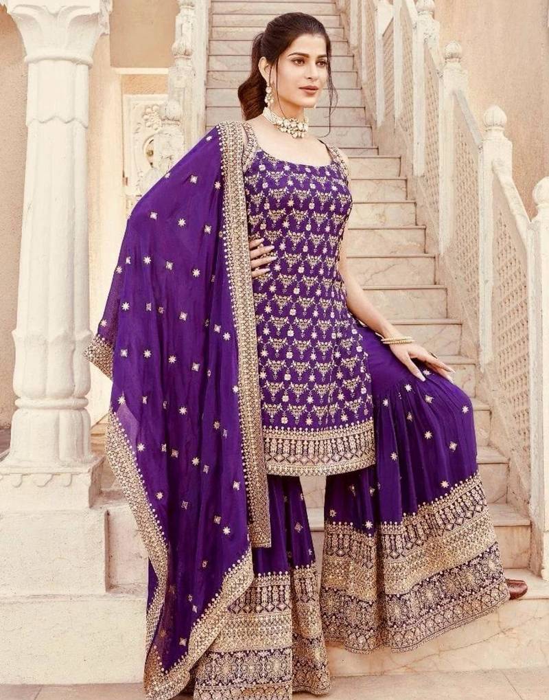 Purple faux georgette embroidered sharara set