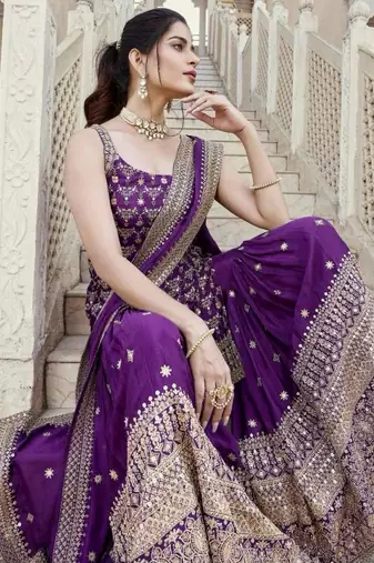 Purple faux georgette embroidered sharara set