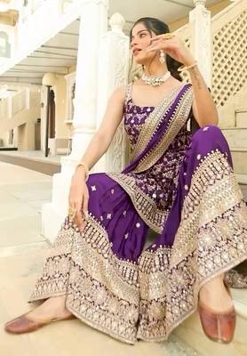Purple faux georgette embroidered sharara set 3