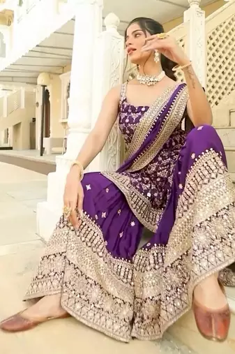 Purple faux georgette embroidered sharara set
