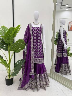 Purple faux georgette embroidered sharara set 4
