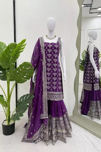 Purple faux georgette embroidered sharara set