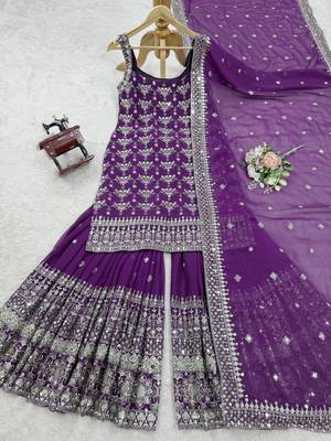 Purple faux georgette embroidered sharara set 5
