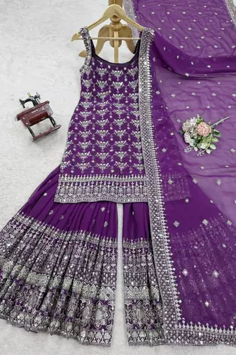 Purple faux georgette embroidered sharara set
