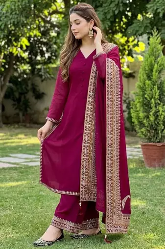 Crimson silk blend embroidered farshi salwar set