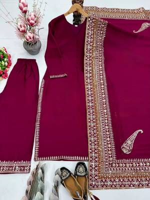 Crimson silk blend embroidered farshi salwar set 2