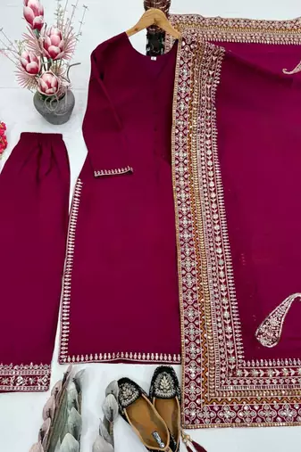 Crimson silk blend embroidered farshi salwar set