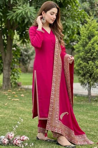 Magenta silk blend embroidered farshi salwar set
