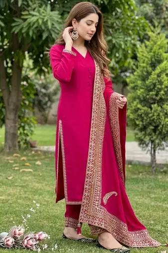 Magenta silk blend embroidered farshi salwar set