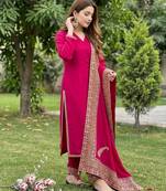Magenta silk blend embroidered farshi salwar set