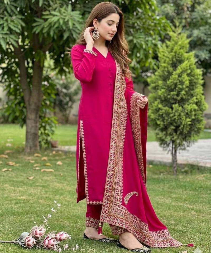 Magenta silk blend embroidered farshi salwar set