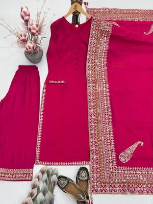 Magenta silk blend embroidered farshi salwar set 2