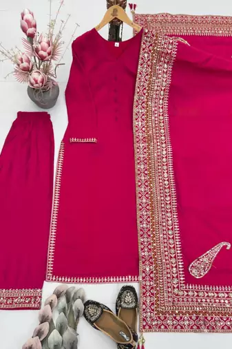 Magenta silk blend embroidered farshi salwar set