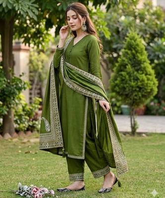Olive silk blend embroidered farshi salwar set 1