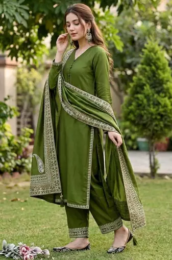 Olive silk blend embroidered farshi salwar set