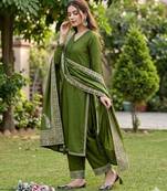 Olive silk blend embroidered farshi salwar set