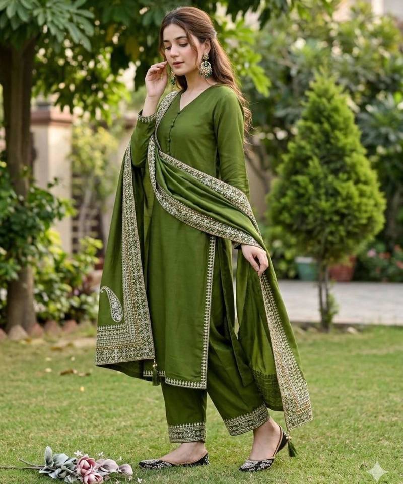 Olive silk blend embroidered farshi salwar set