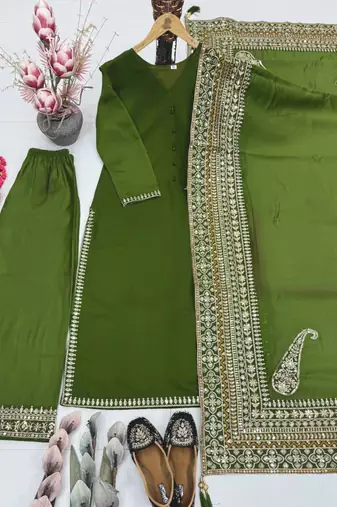 Olive silk blend embroidered farshi salwar set