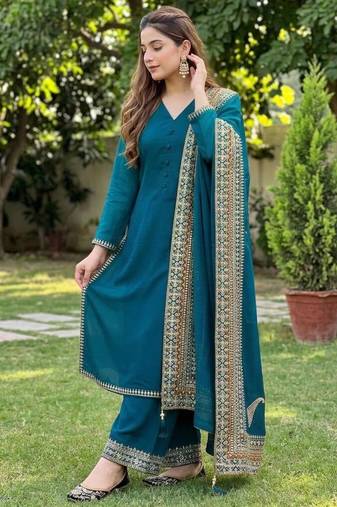 Teal silk blend embroidered farshi salwar set
