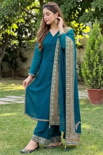 Teal silk blend embroidered farshi salwar set