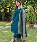 Teal silk blend embroidered farshi salwar set