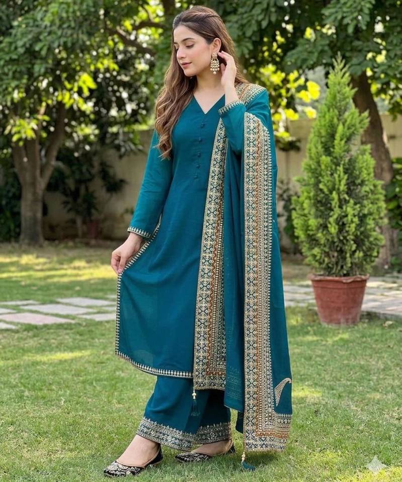 Teal silk blend embroidered farshi salwar set