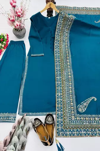 Teal silk blend embroidered farshi salwar set