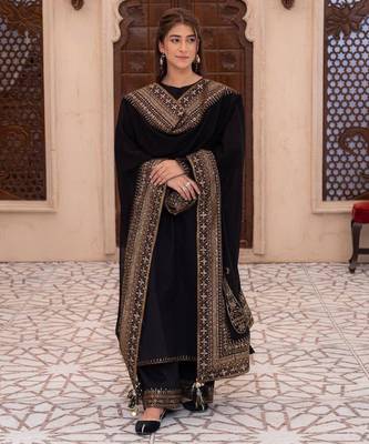 Black silk blend embroidered farshi salwar set 1