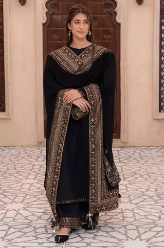 Black silk blend embroidered farshi salwar set