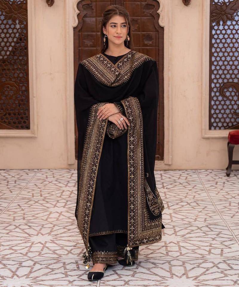 Black silk blend embroidered farshi salwar set