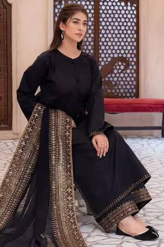Black silk blend embroidered farshi salwar set