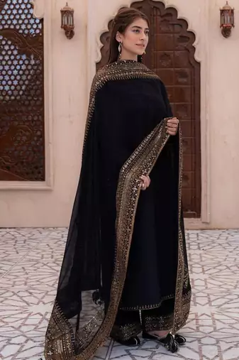 Black silk blend embroidered farshi salwar set