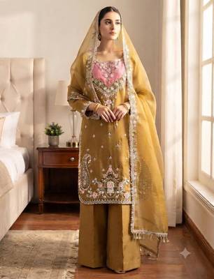Dark-yellow crepe embroidered palazzo set 1