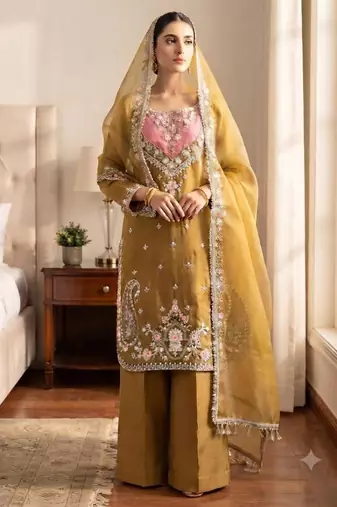 Dark-yellow crepe embroidered palazzo set