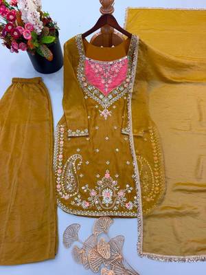 Dark-yellow crepe embroidered palazzo set 2