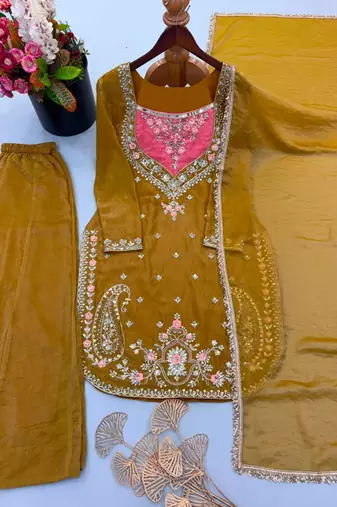 Dark-yellow crepe embroidered palazzo set